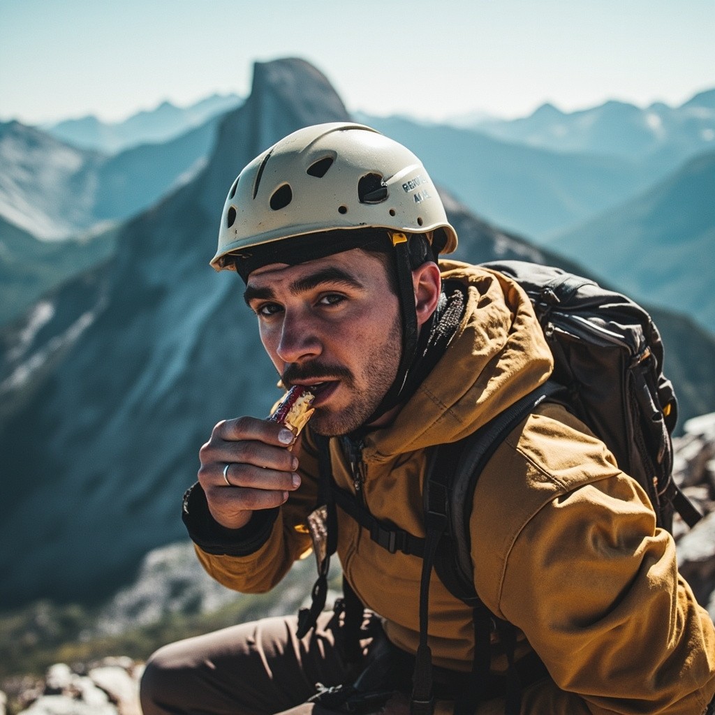 A Climber Eating Candy Bar on Mountain