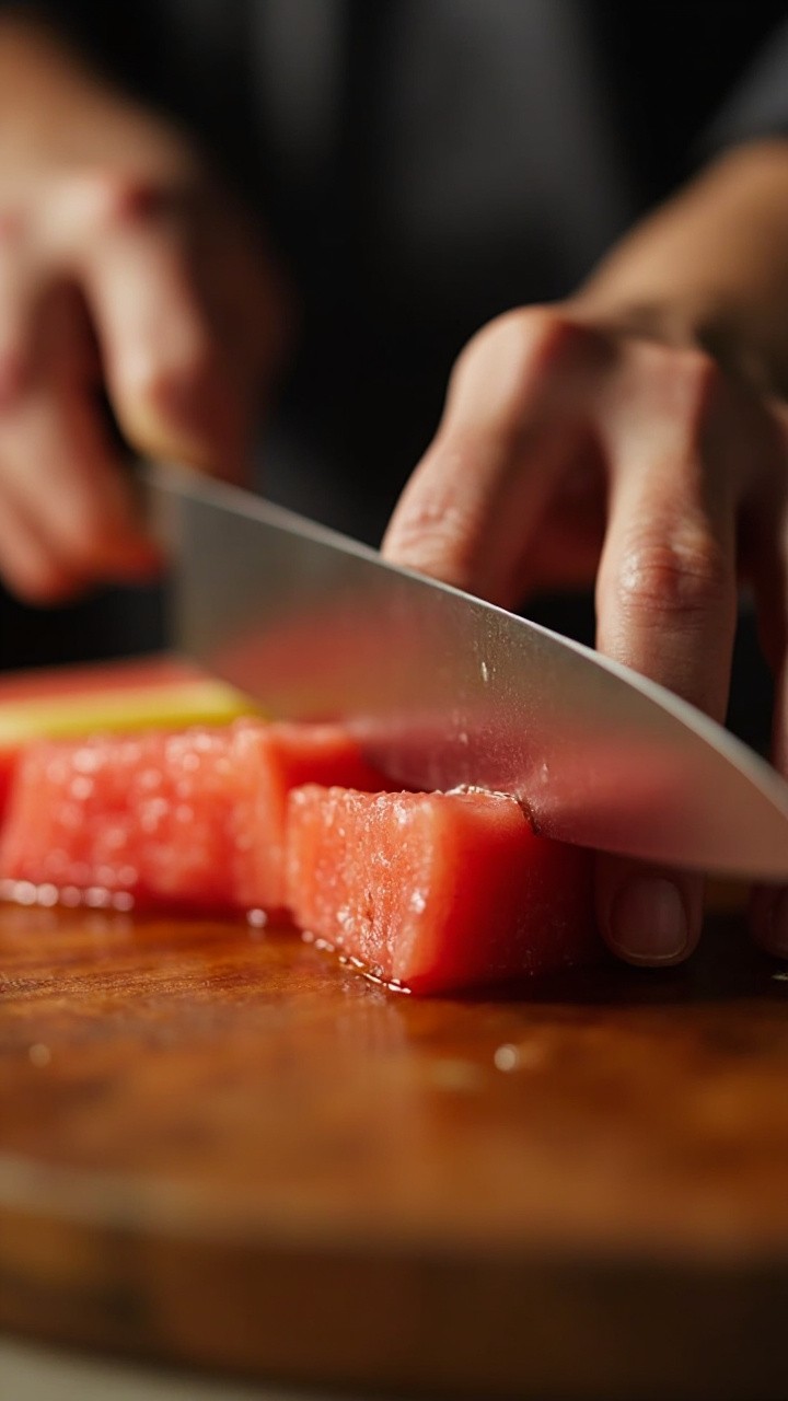 A Close-Up Hand Cutting Juicy Fruit