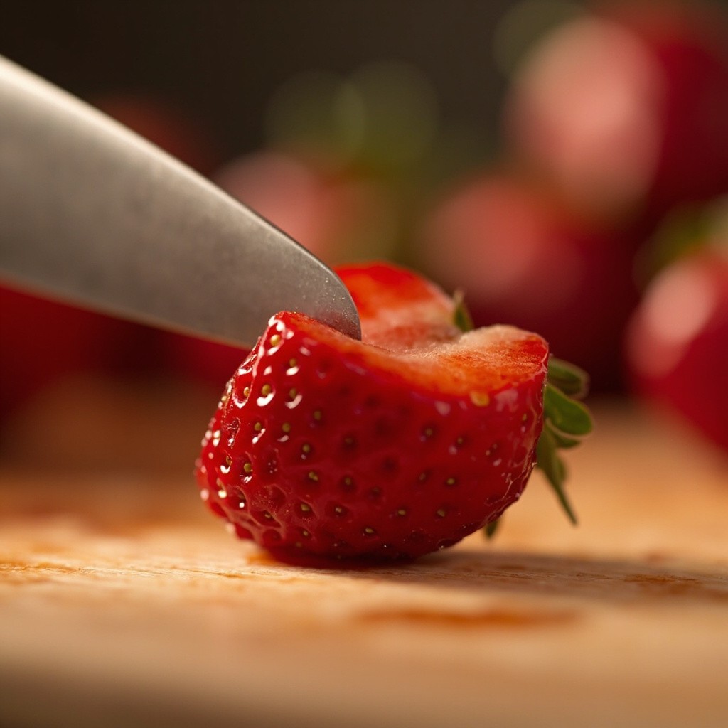 A Close-Up Slow Motion Shot of Slicing Strawberry