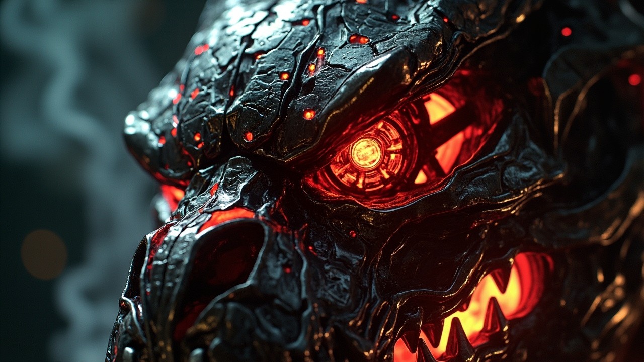 A Close-Up of a Glowing Cyber-Dragon's Skull