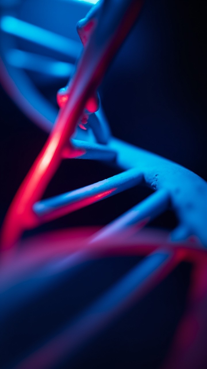 A Close-up View of Neon Blue and Red DNA