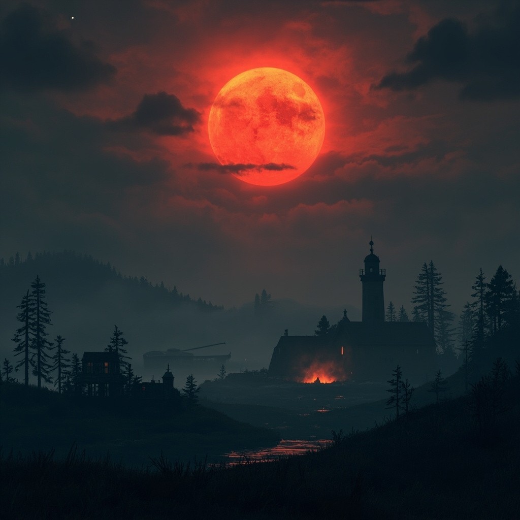 A Cloudy Town with Lighthouse, Military Base, and Red Eclipse