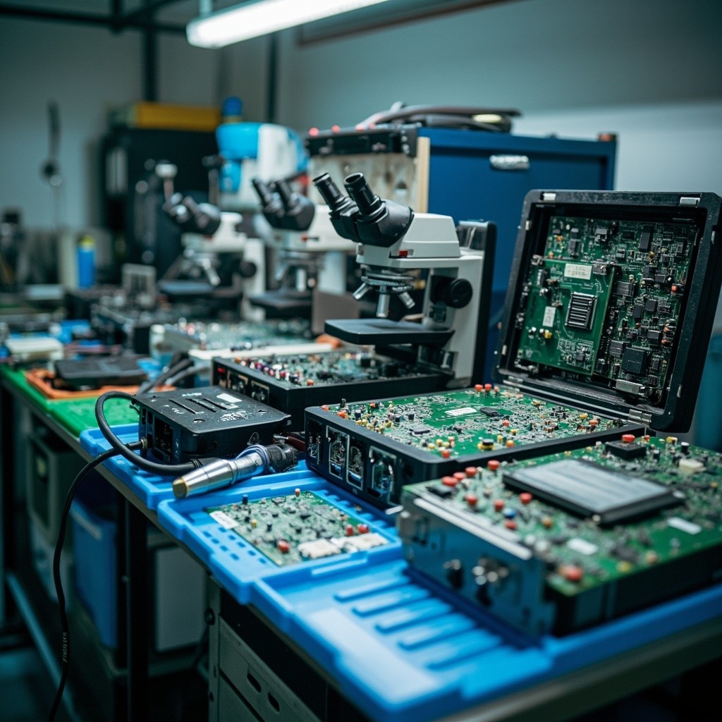 A Cluttered Electronic Repair Workshop with Medical Devices