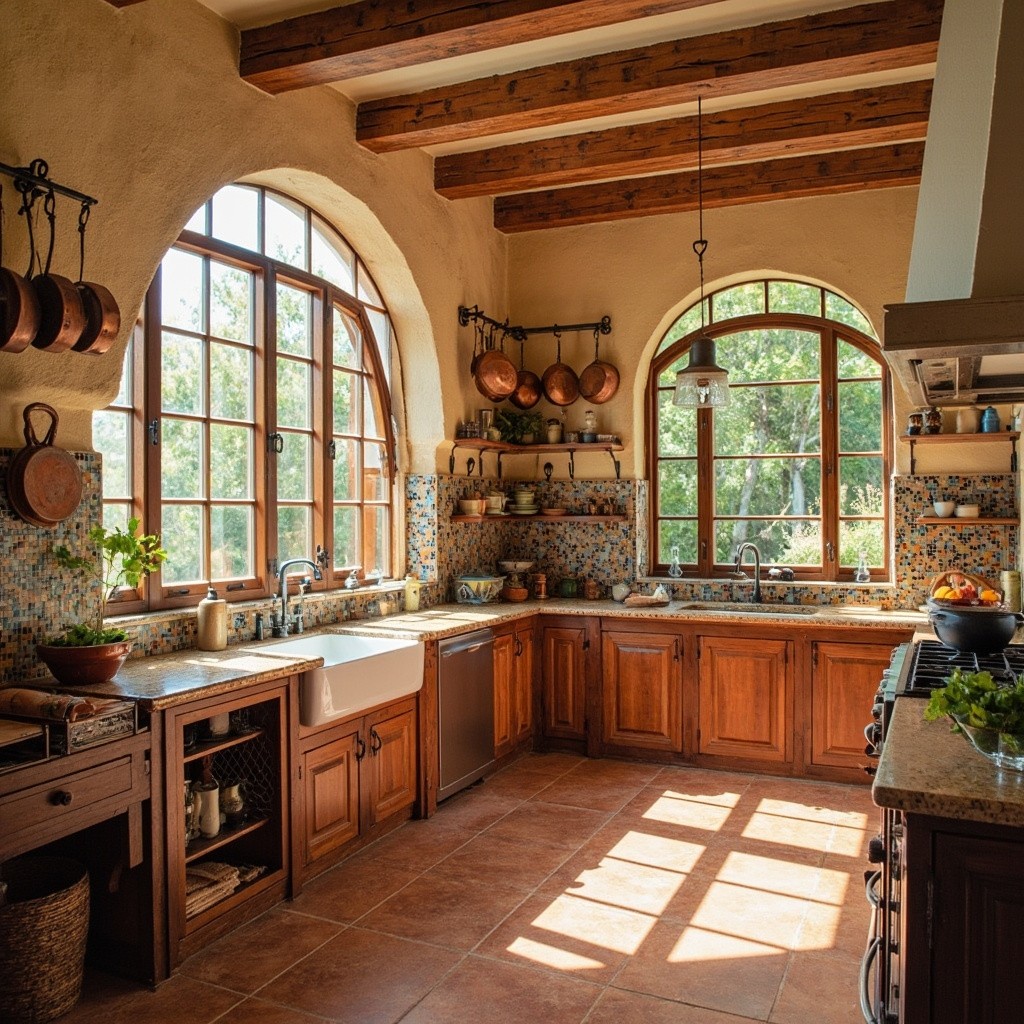 A Colorful Mediterranean-Style Kitchen with Arched Windows