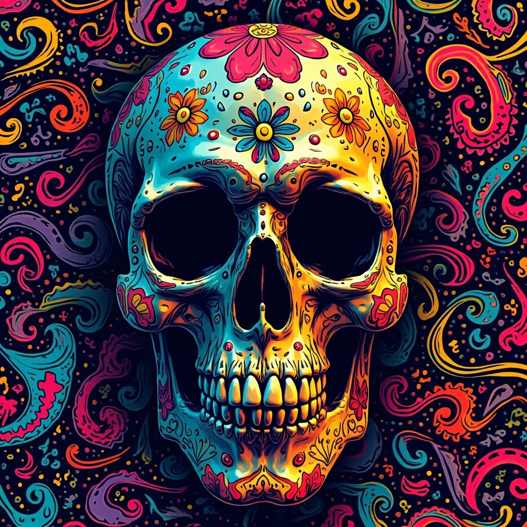 A Colorful Skull on a Vibrant Paisley Background