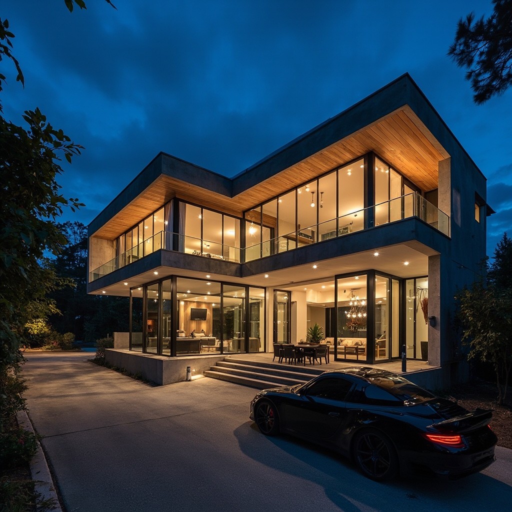 A Contemporary 2-Story Residence with Porsche at Night