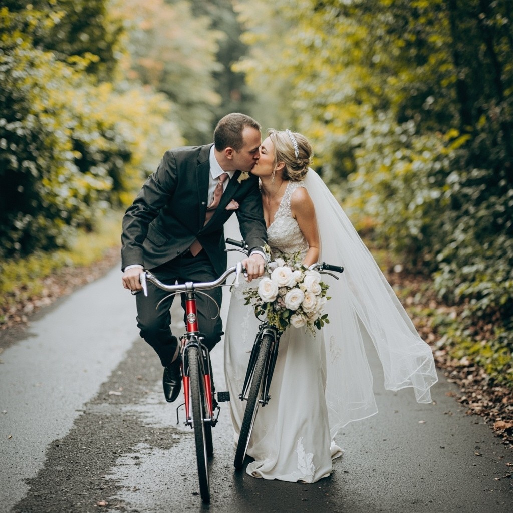 A Couple Cycling to a Wedding