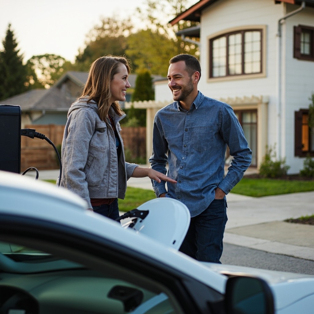 A Couple Discussing Near Charging New Energy Vehicle