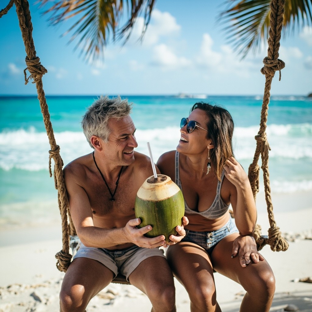 A Couple Enjoying Coconut Drinks on Mauritius Beach