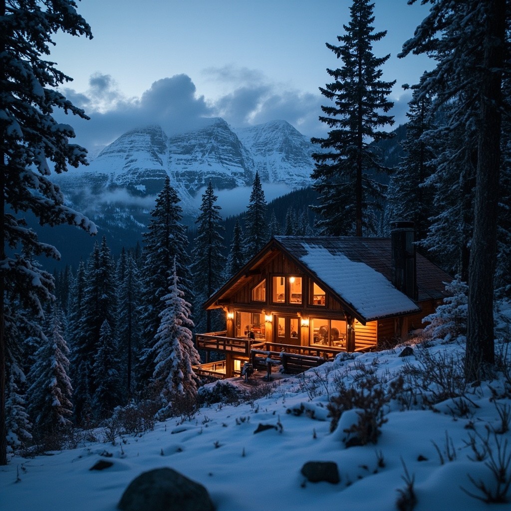A Cozy Cabin in Snowy Mountain Twilight