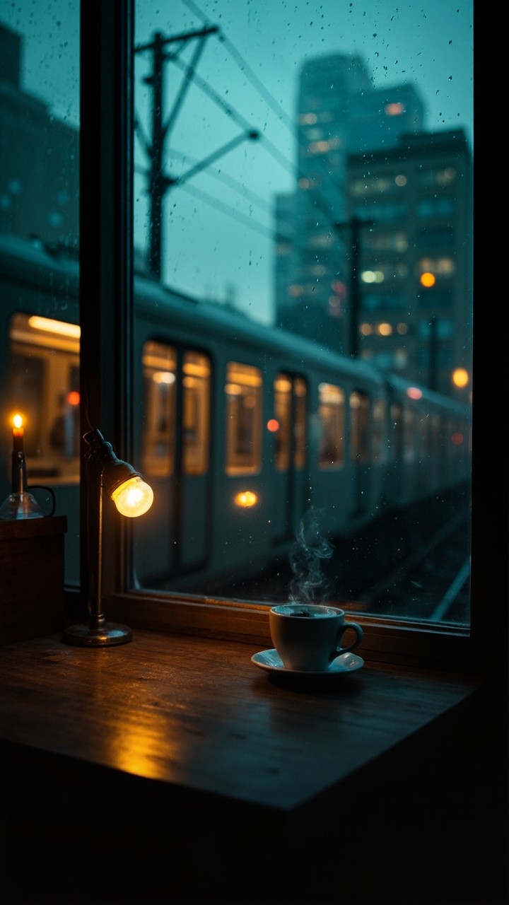 A Cozy Café View of Rainy Urban Evening