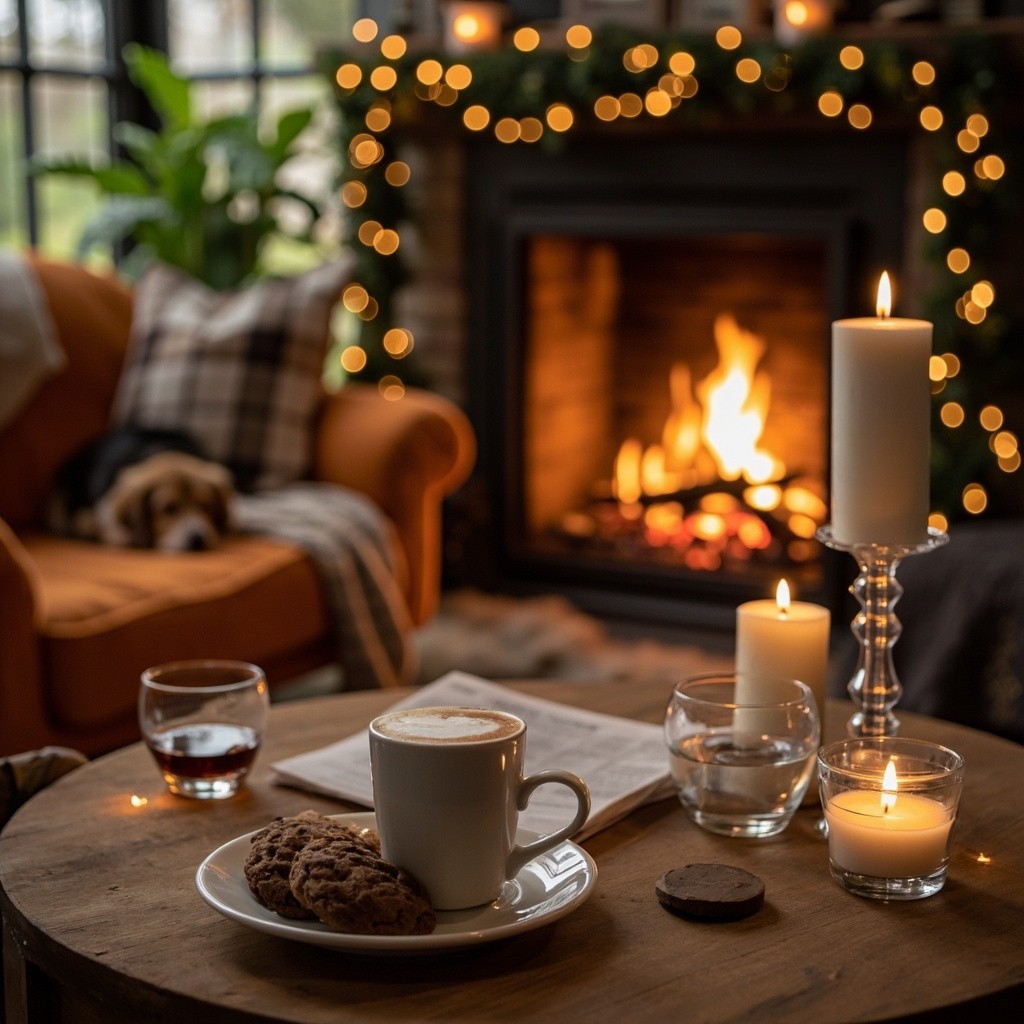 A Cozy Living Room with Sleeping Dog and Coffee