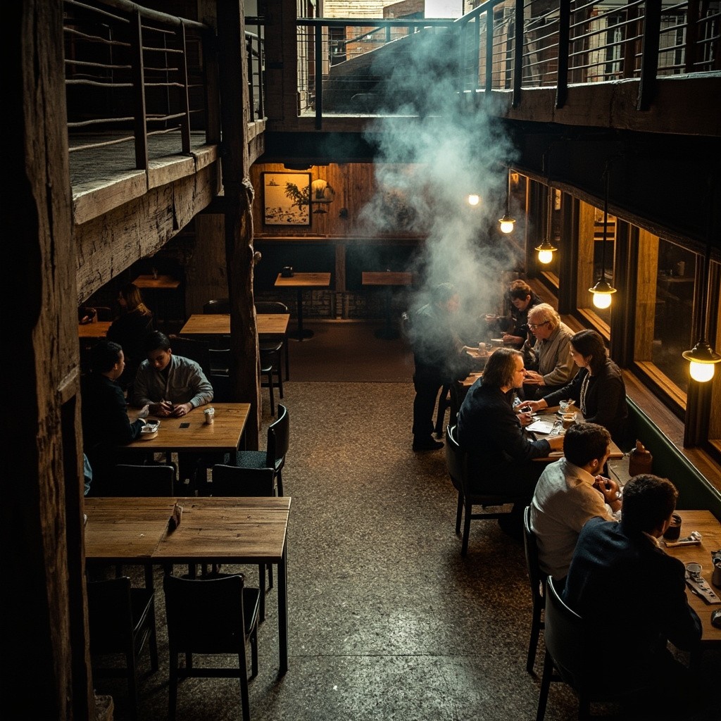 A Cozy Multi-Level Café with Mixed Lighting