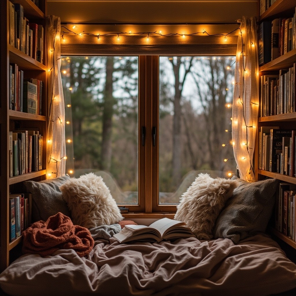 A Cozy Reading Nook with Fairy Lights