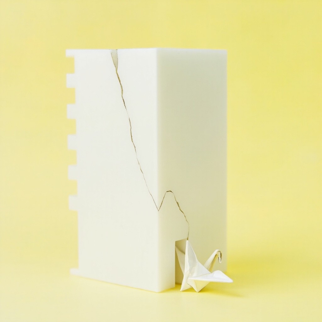 A Cracked Sugar Glass Building with Origami Crane
