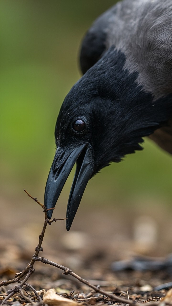A Crow Using Dry Twig to Dig Ground