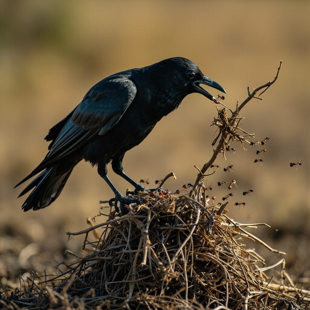 A Crow Using a Twig to Fish Ants