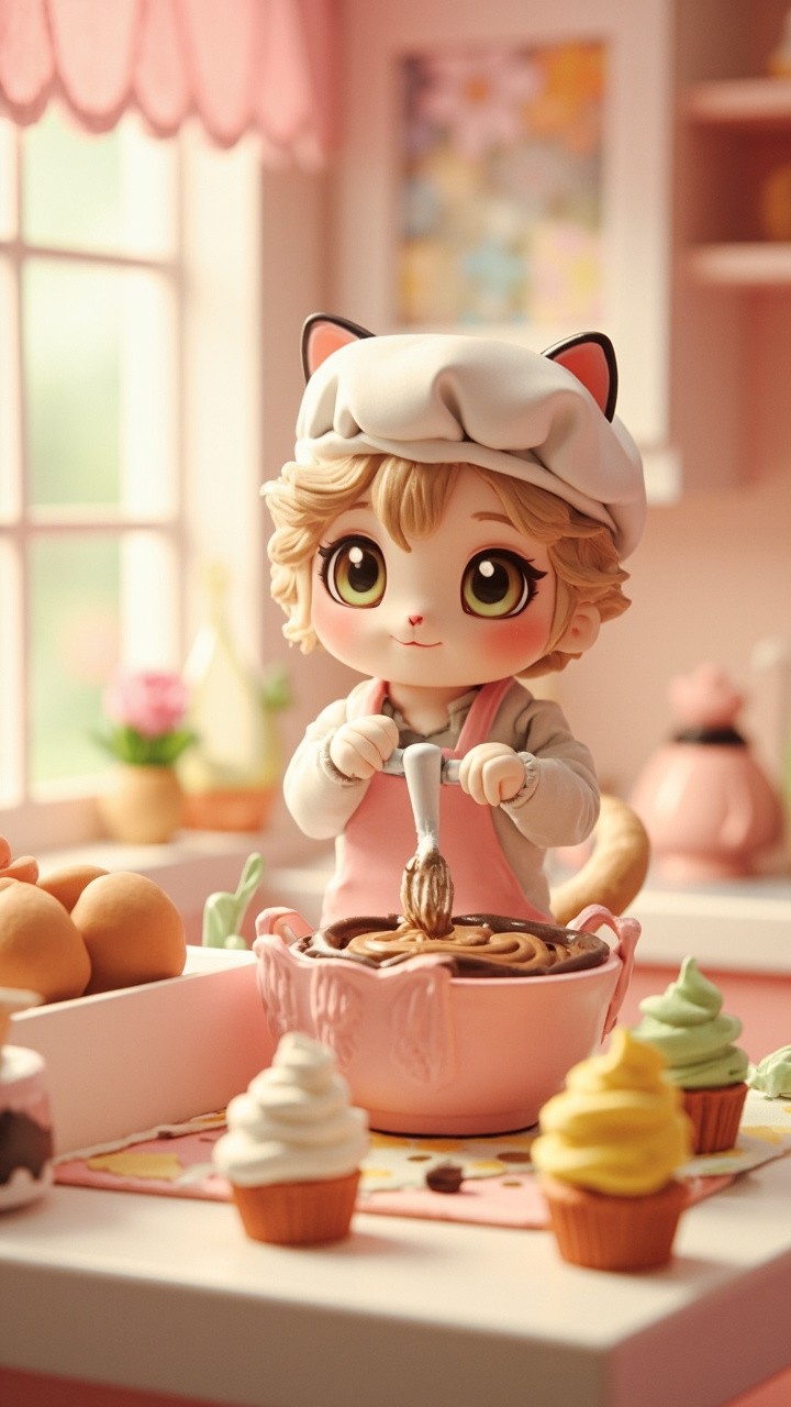 A Cute Cat Bakes Cupcakes in Pastel Kitchen
