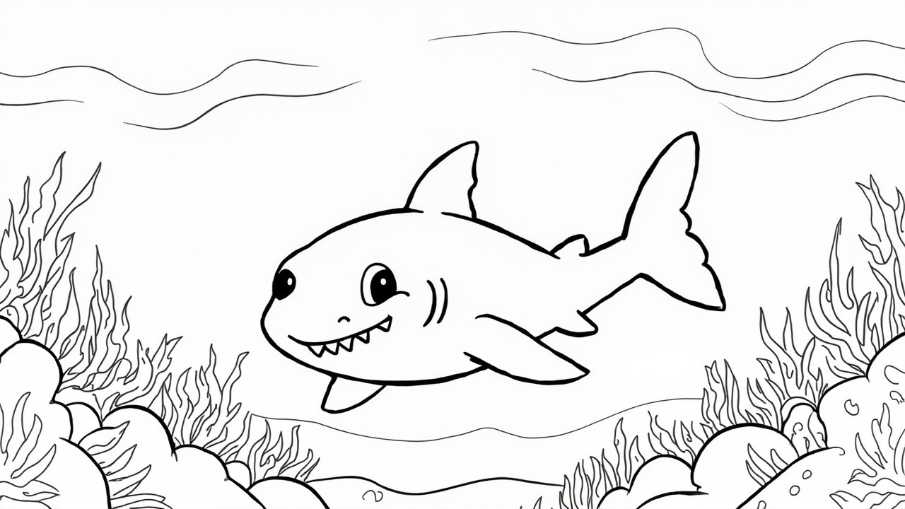 A Cute Shark Swimming in a Children's Coloring Book