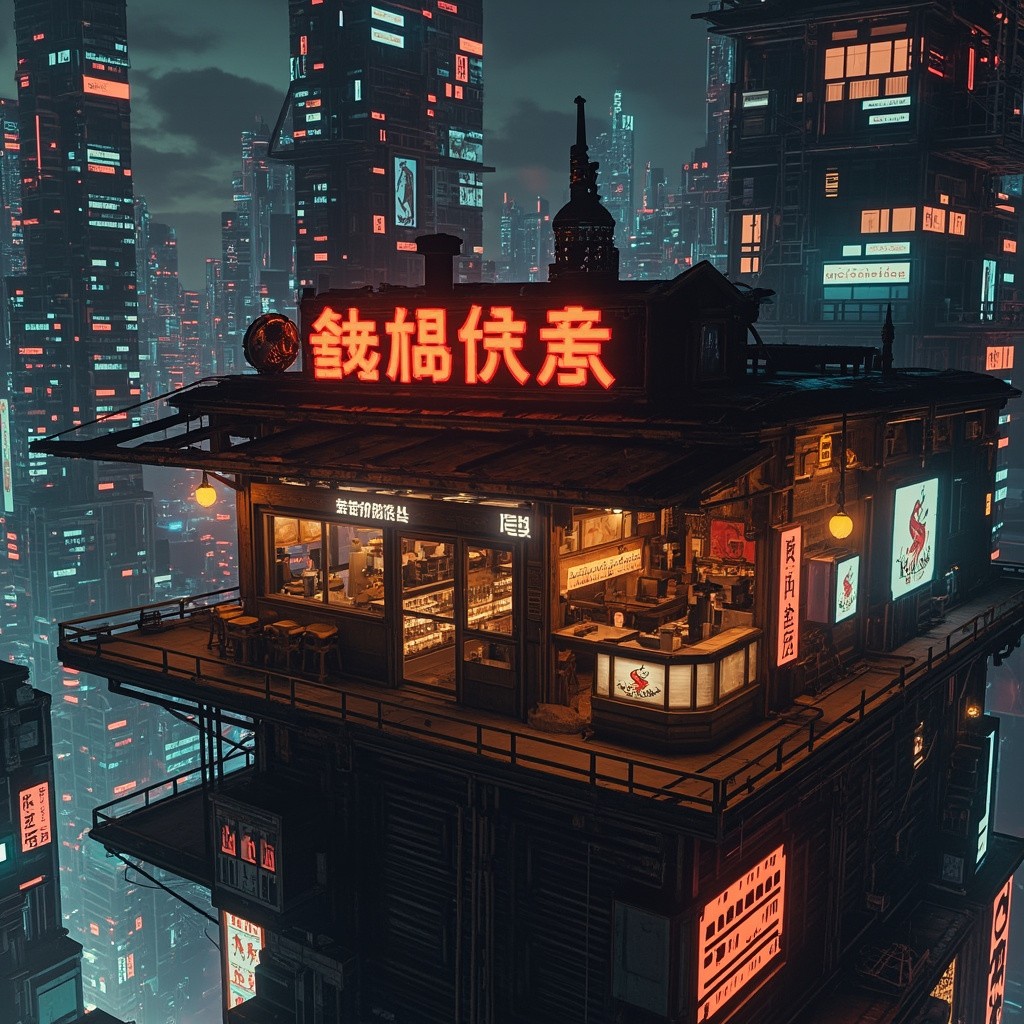 A Cyberpunk Noodle Shop in Neon-lit Skyrise
