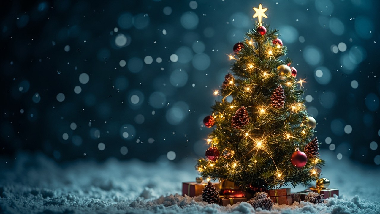 A Decorated Christmas Tree with Falling Snow
