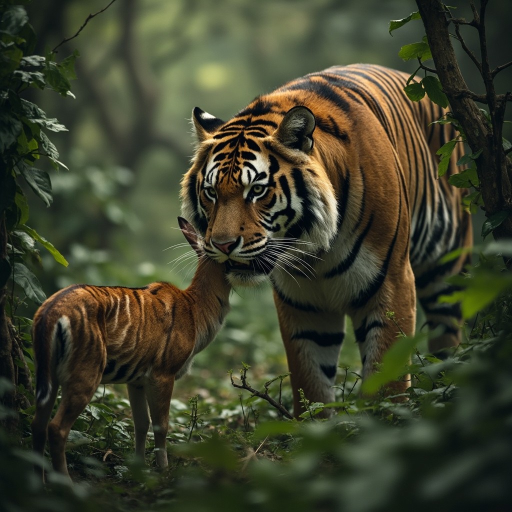 A Deer Eating Grass Sees a Tiger