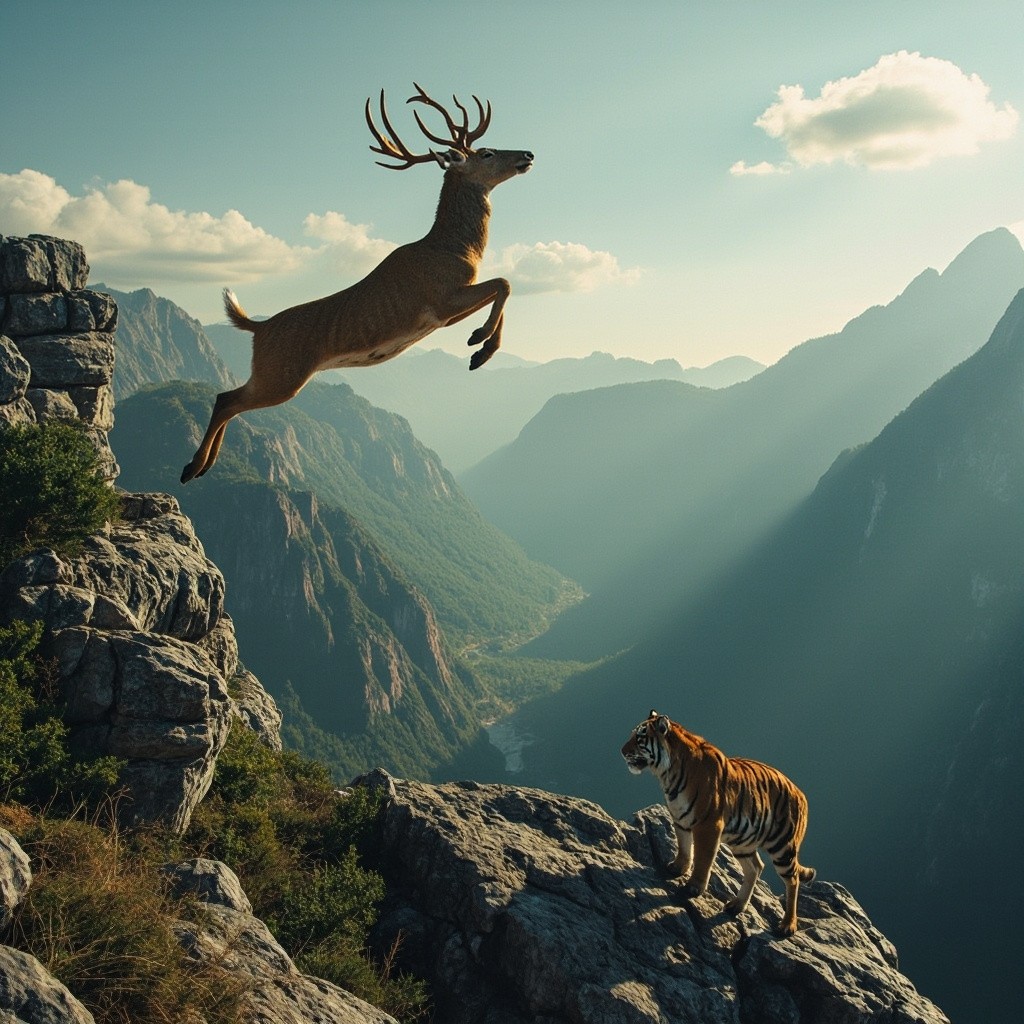 A Deer Hiding in Large Mountains from Tiger