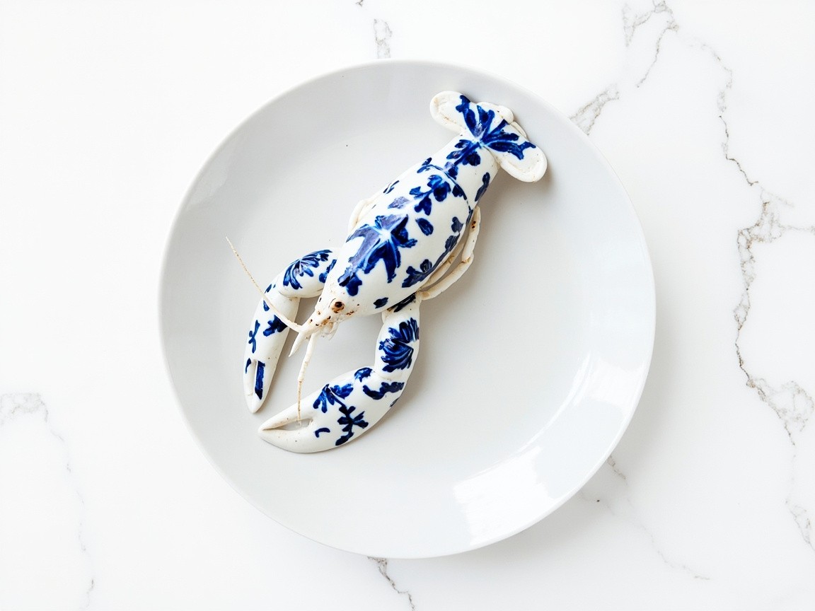 A Delft Blue Patterned Lobster on White Marble