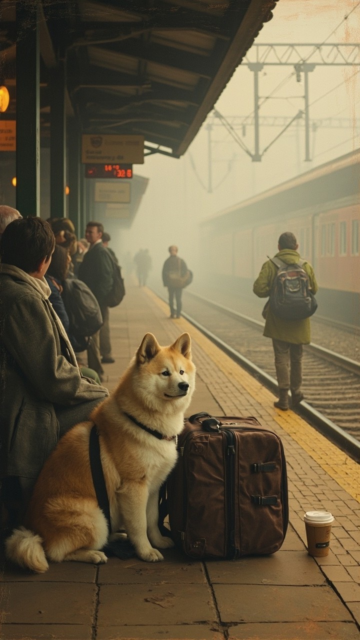 A Dog Waiting at Foggy, Vintage Train Station