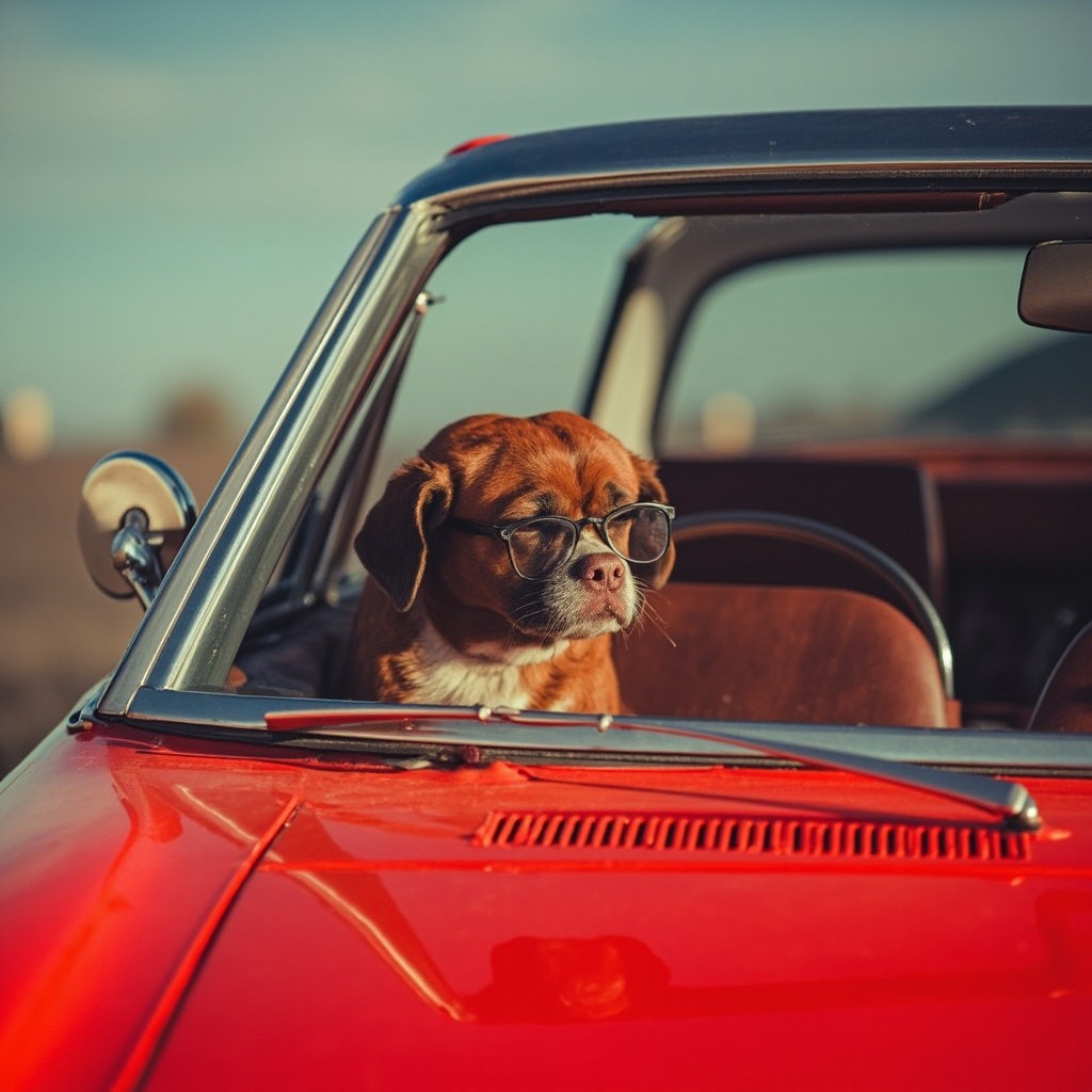A Dog Wearing Glasses Driving a Red Car