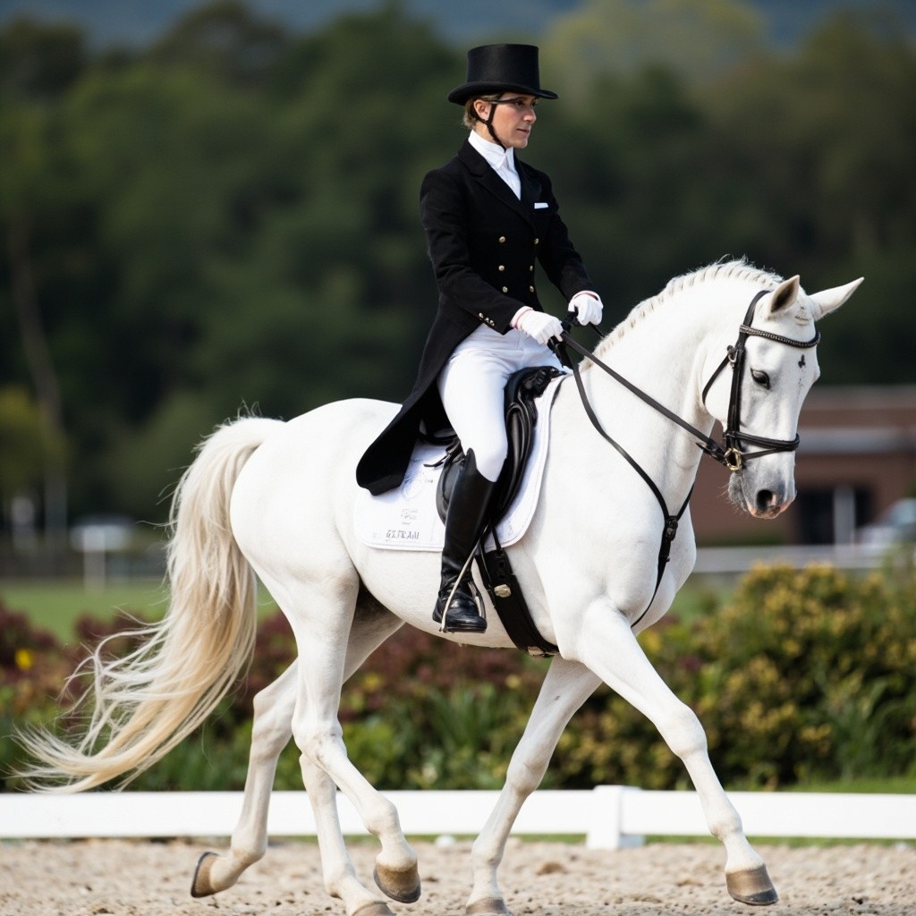 A Dressage Rider on a White Lusitano Horse