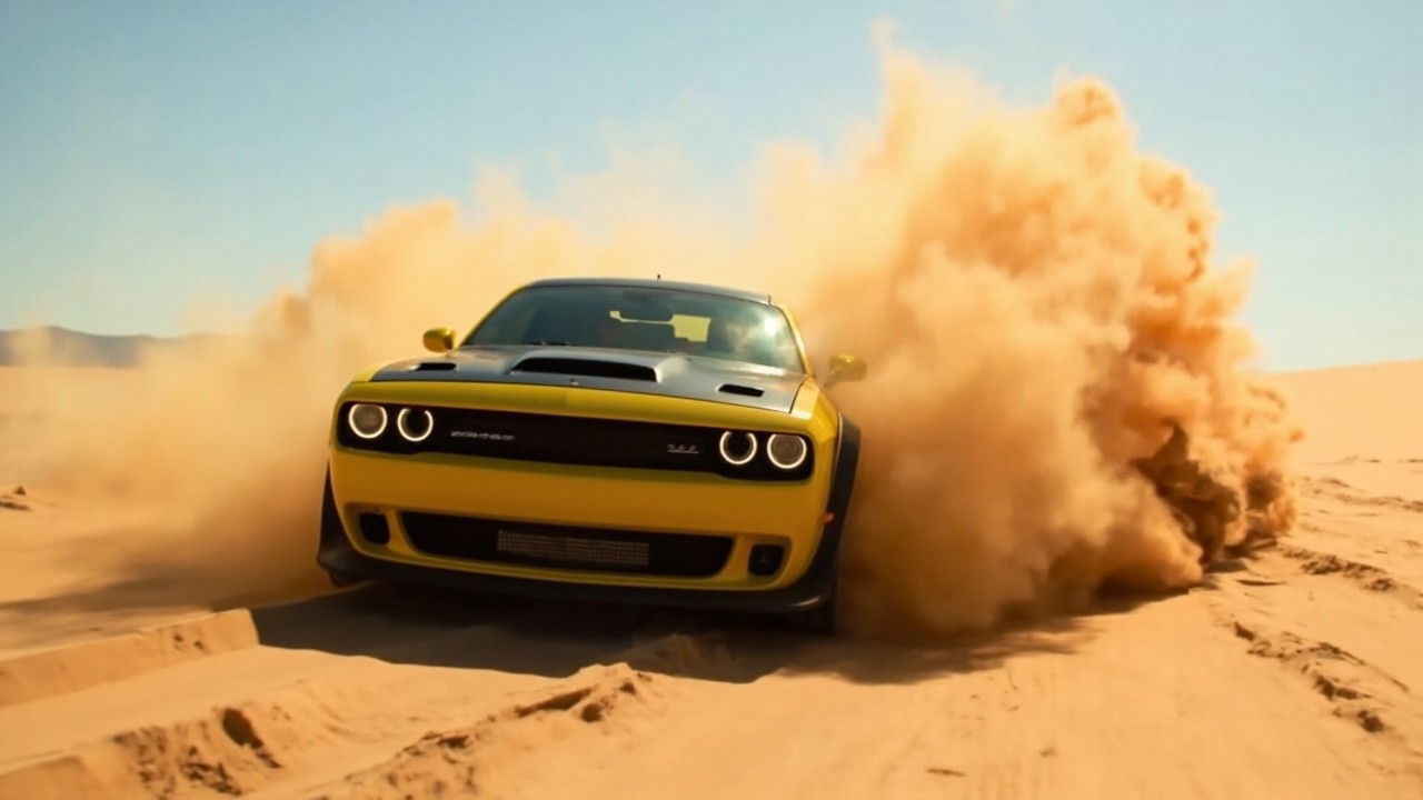 A Dusty, Fast Dodge Challenger in the Desert