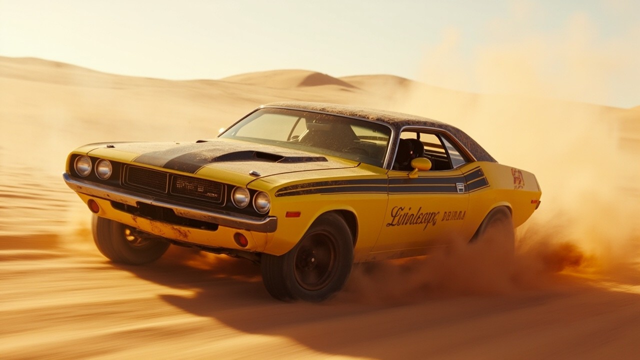 A Dusty Yellow Challenger Racing in the Desert
