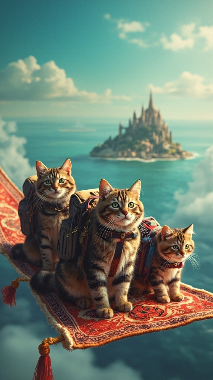 A Family of Tourist Cats Flying to an Island