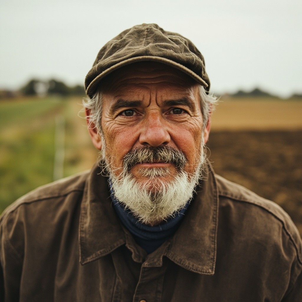 A Farmer's Portrait with Agricultural Background
