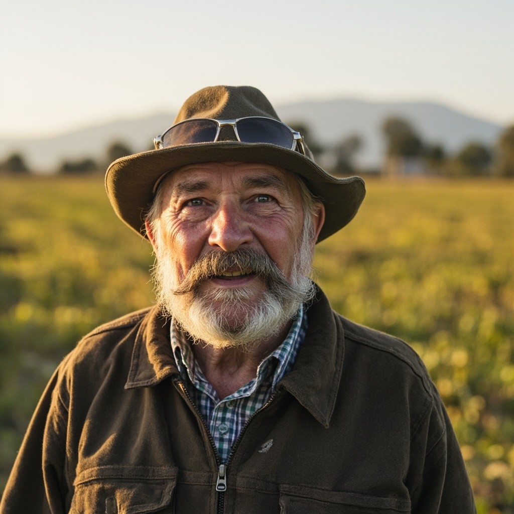 A Farmer's Portrait with Agricultural Background
