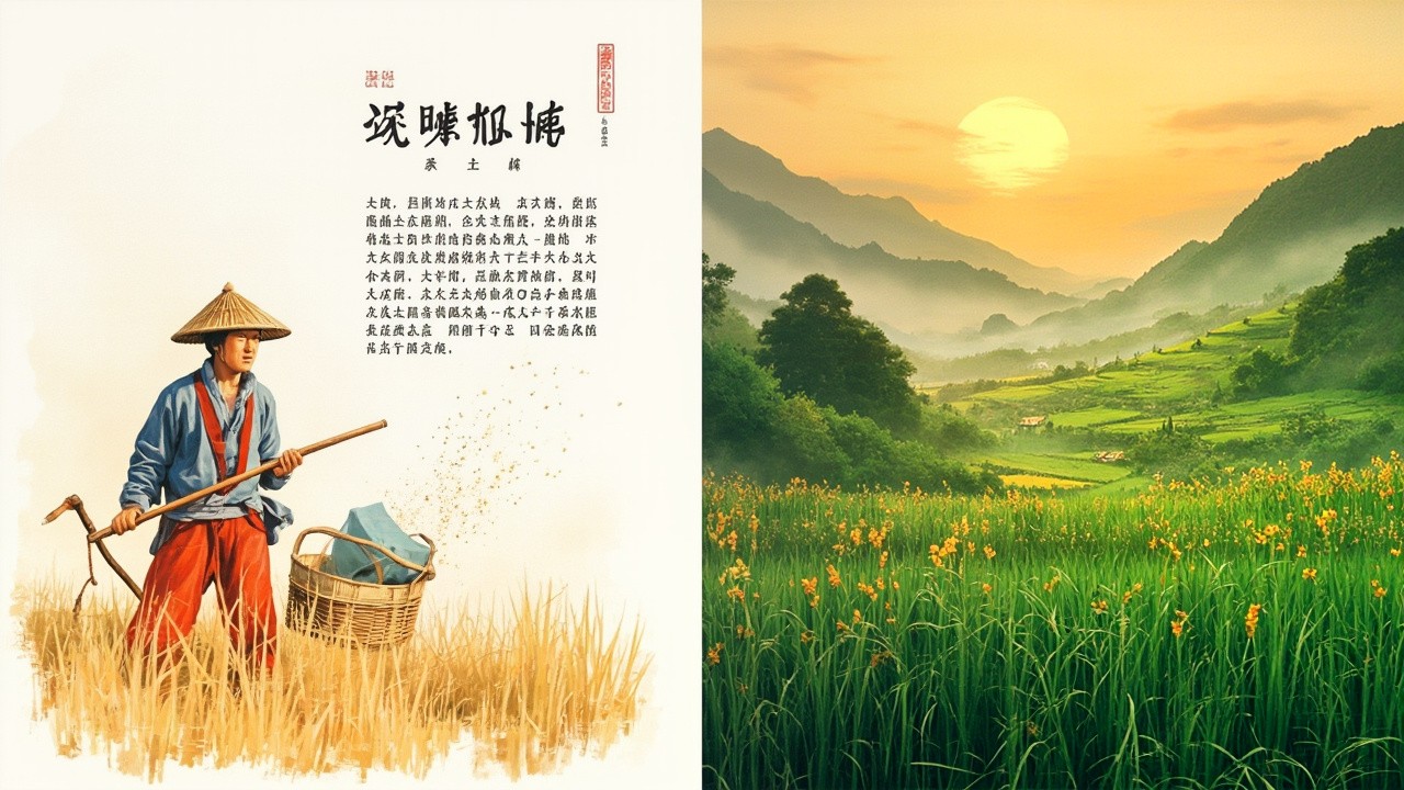 A Farmer Working, Fertile Landscape at Dawn