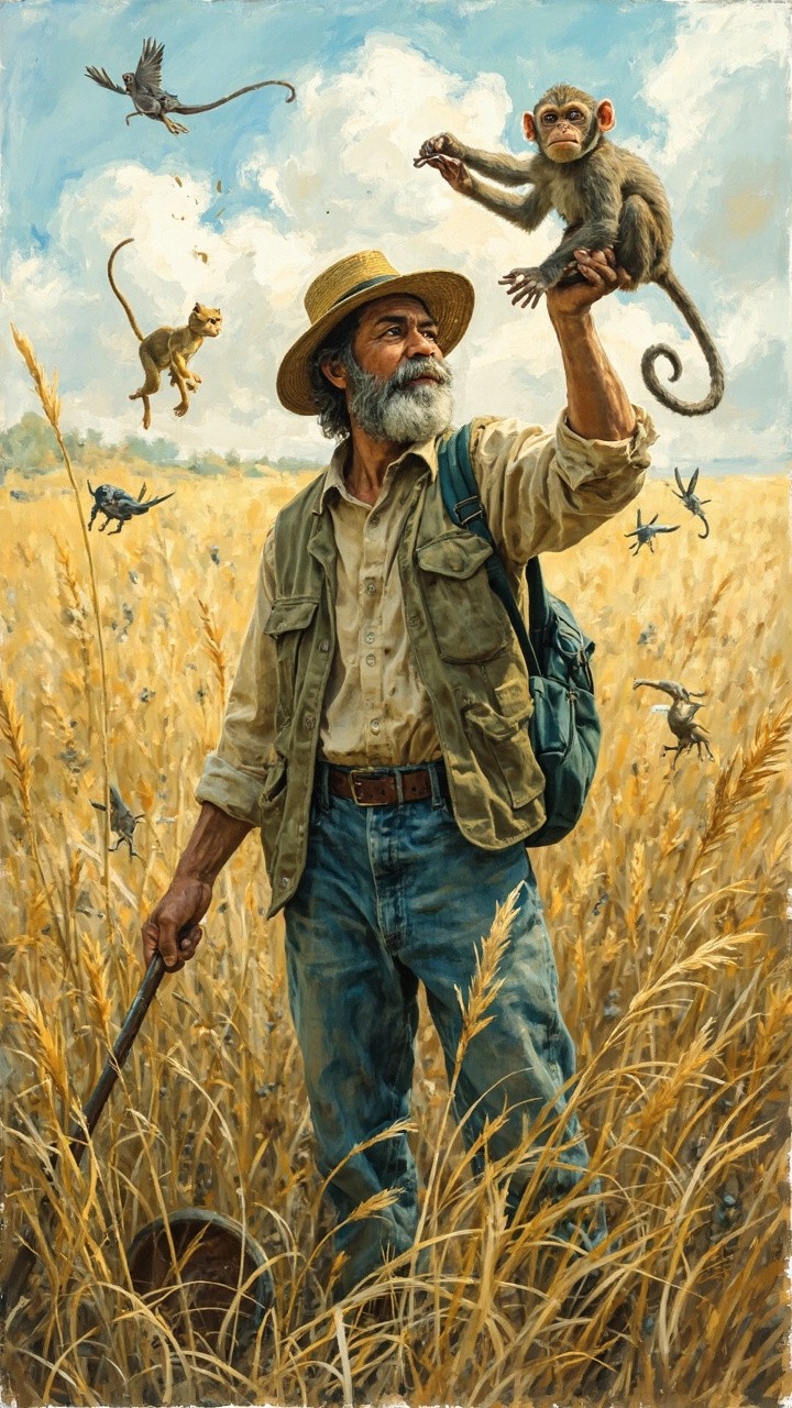 A Farmer Working in Fields with a Mischievous Monkey