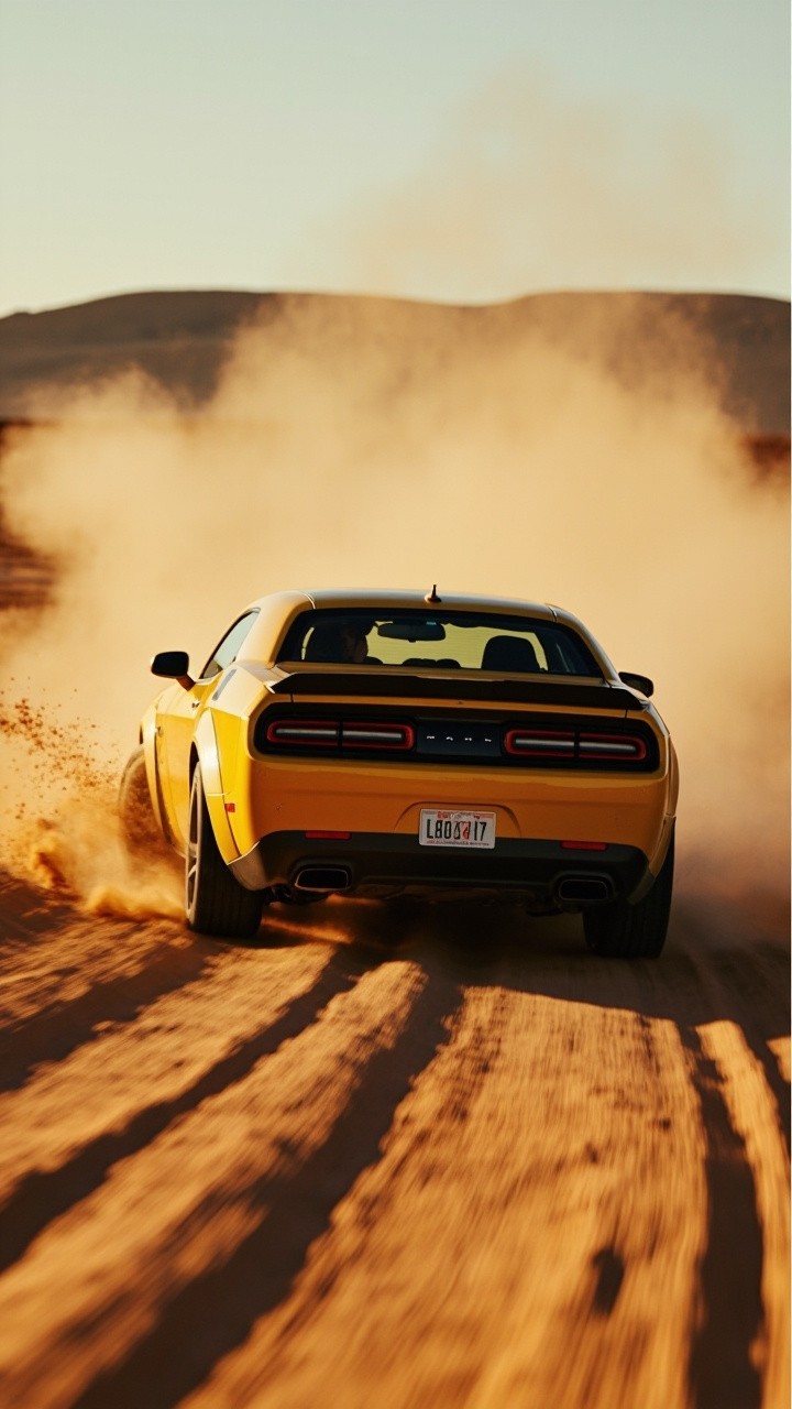 A Fast, Dusty Dodge Challenger in the Desert