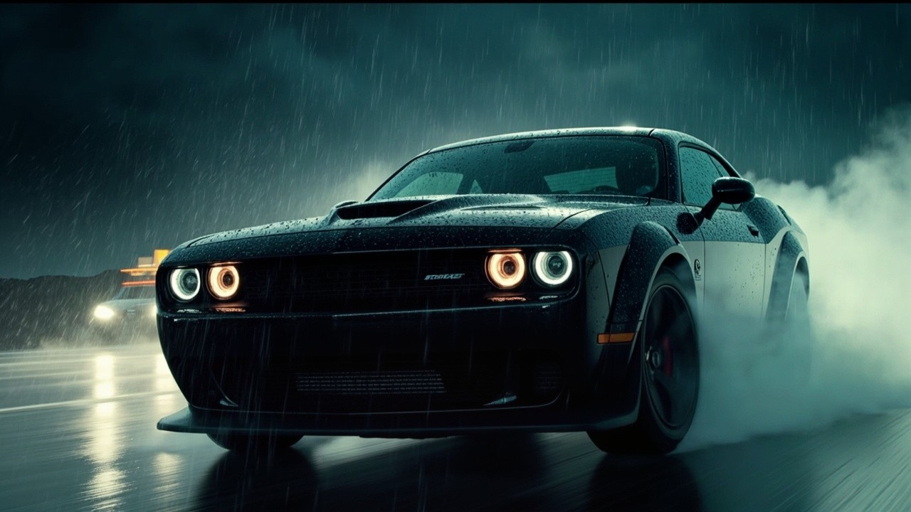 A Fast Dodge Challenger Demon 170 in Rain