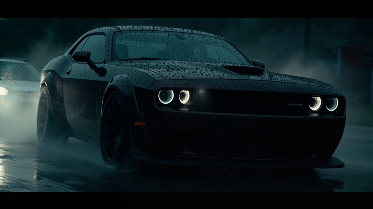A Fast Dodge Challenger SRT Demon in Rain