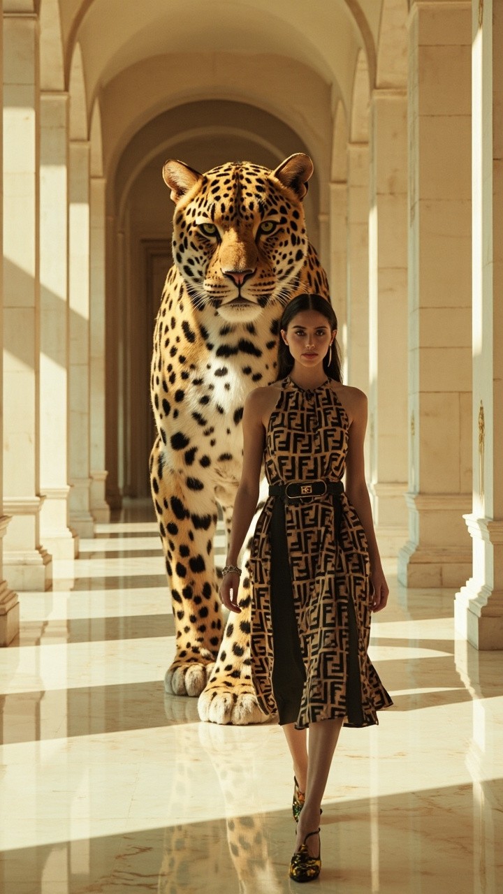 A Fendi-Themed Leopard and Model in Art Gallery