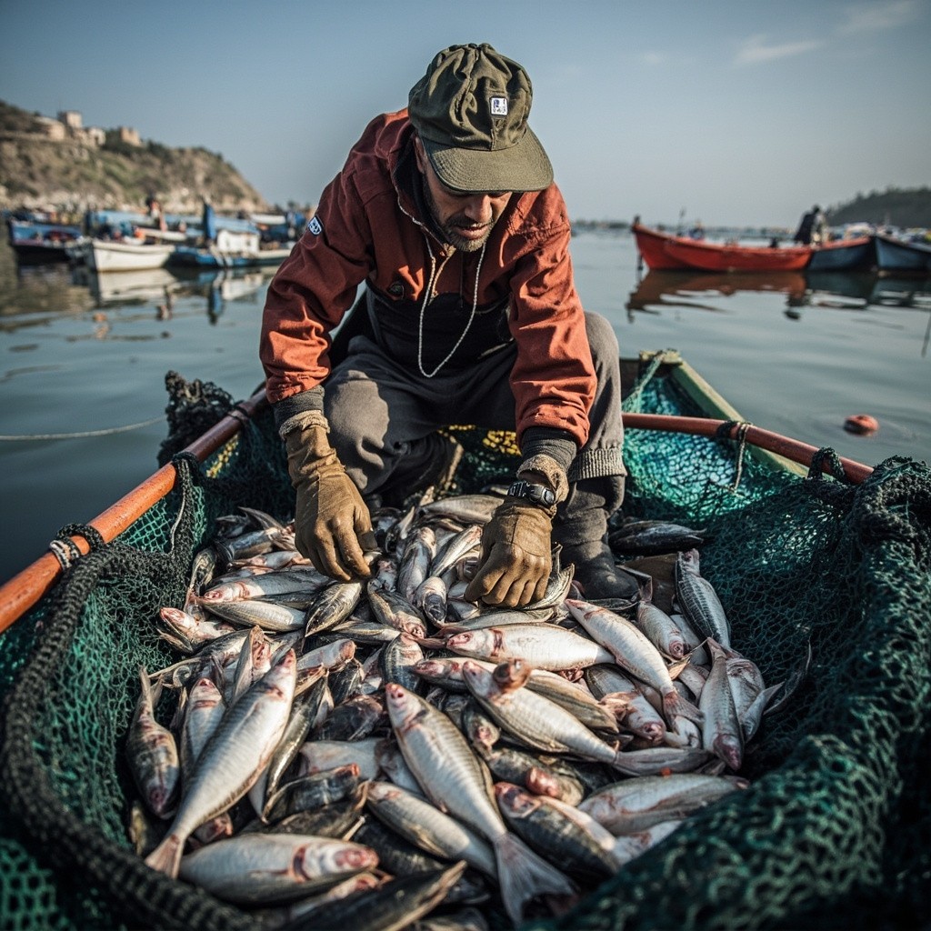 A Fisherman Sorting Seafood Caught in Net