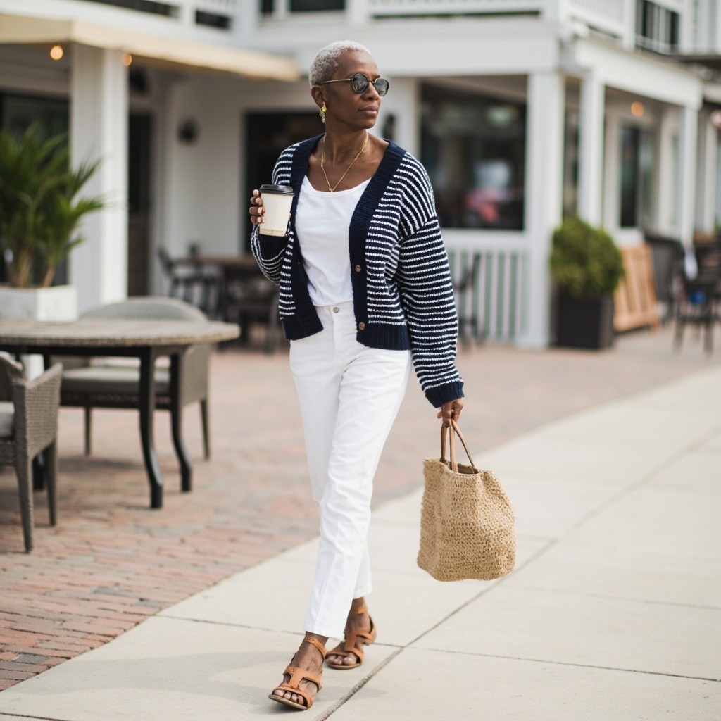 A Fit, Older Influencer Exploring Beach Town with Coffee
