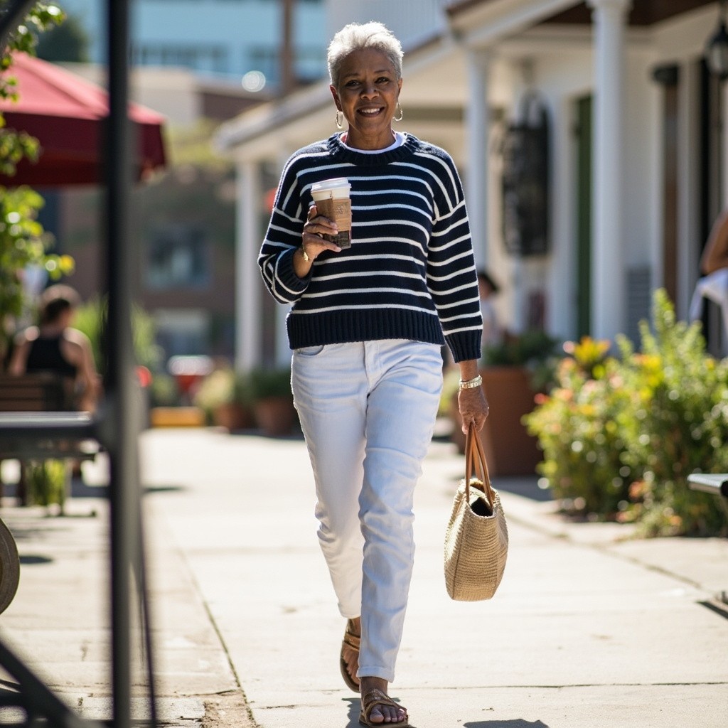A Fit Influencer Strolling in Beach Town with Coffee