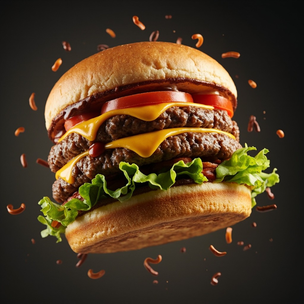 A Floating Double Cheeseburger in Dark Grey Background