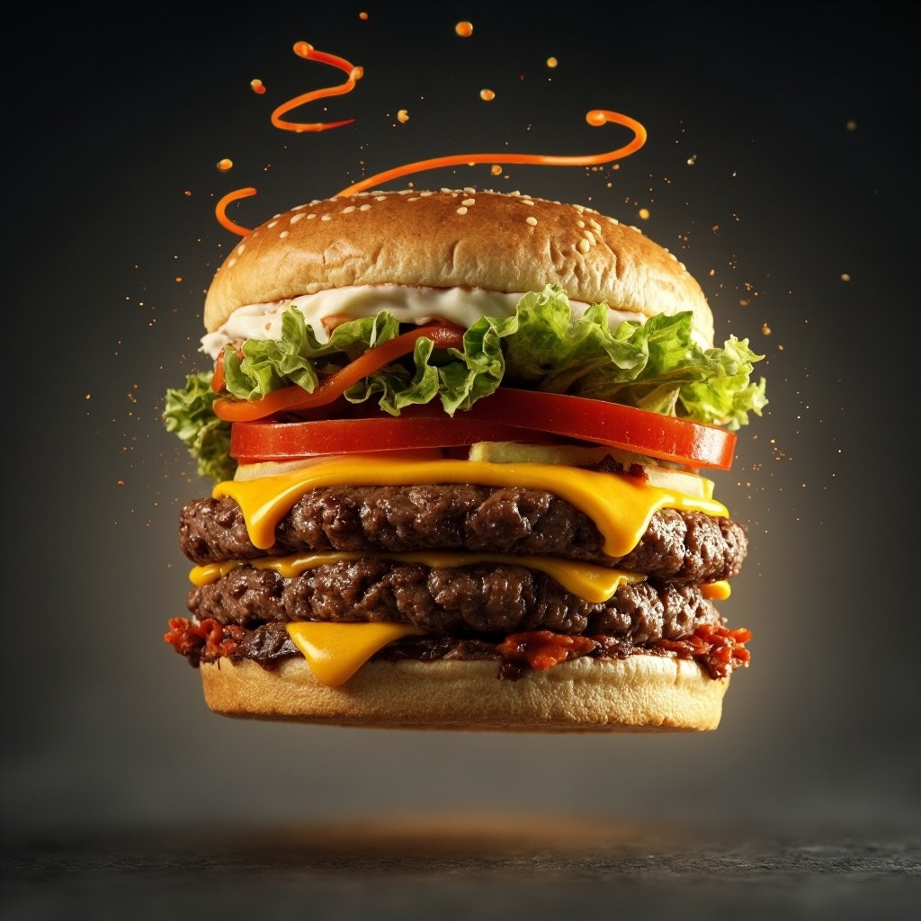 A Floating Ultra-Realistic Double Cheeseburger