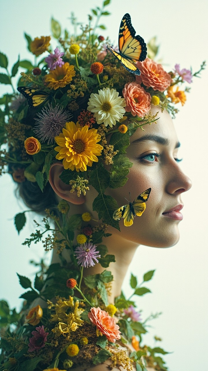 A Floral Face Transforming into Butterflies Art