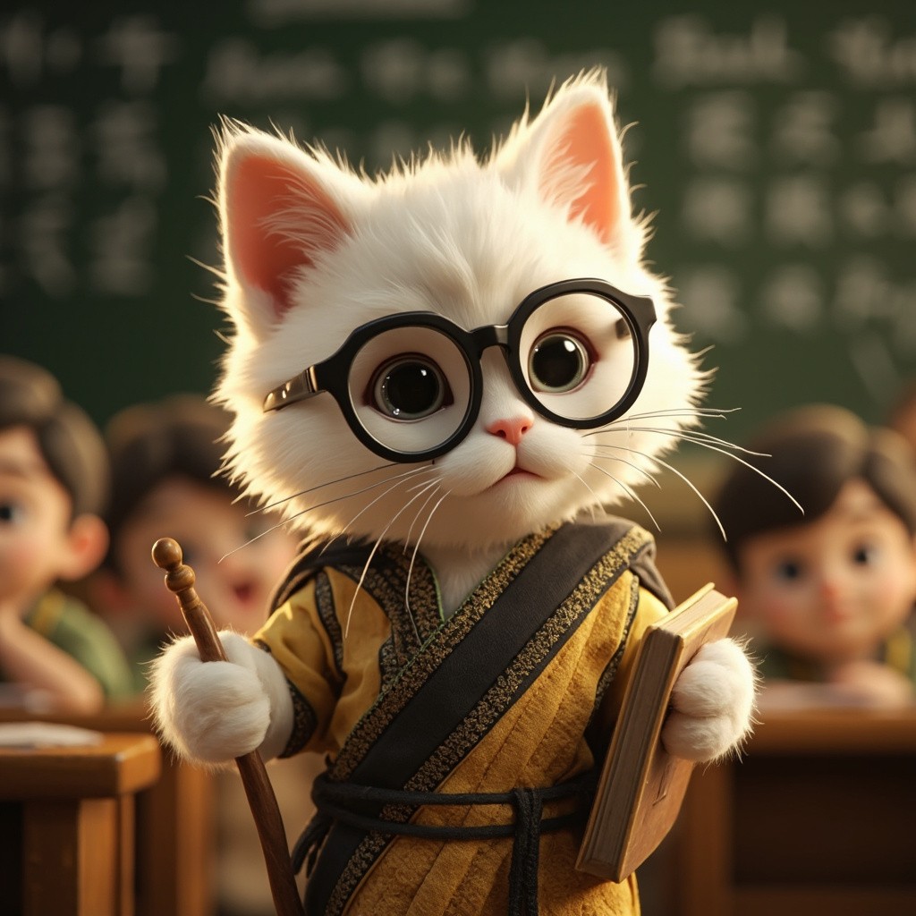A Fluffy Cat Teacher in Vintage Classroom