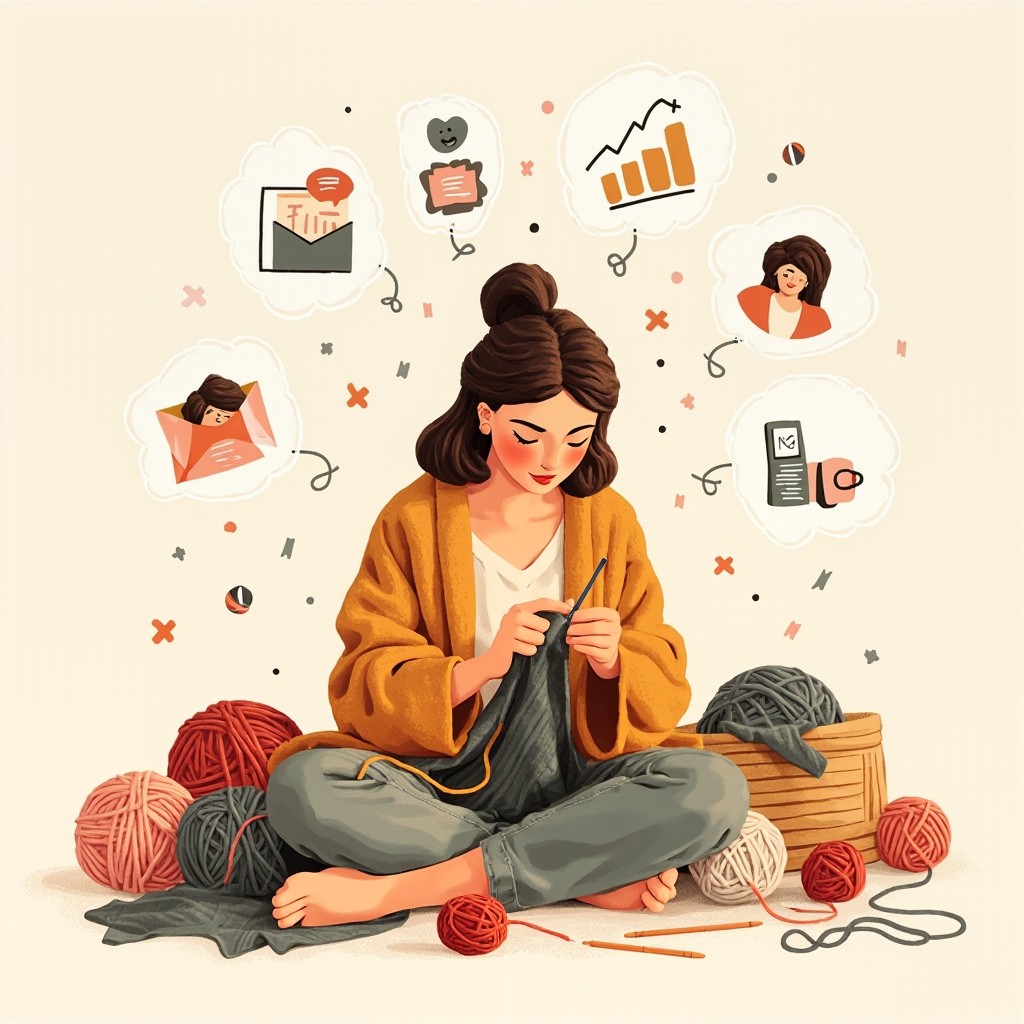 A Focused Woman Knitting Amidst Floating Marketing Icons